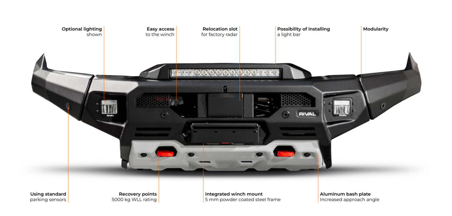 RIVAL Front Aluminum Bumper 2024-2025 Ford Ranger U.S. with Winch Mount and Recovery Points - RIVAL USA INC.
