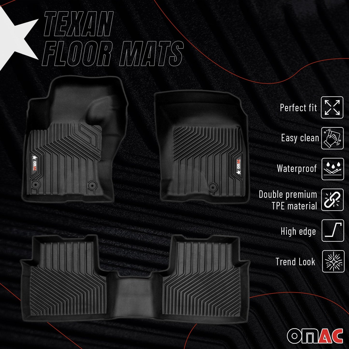 2021-2025 Ford Bronco Sport Premium Floor Mats Liners First and Second Row Set Black - RIVAL USA INC.